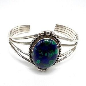 Sterling Silver Navajo Running Bear signed Malachite Azurite‎ Cuff Bracelet SW